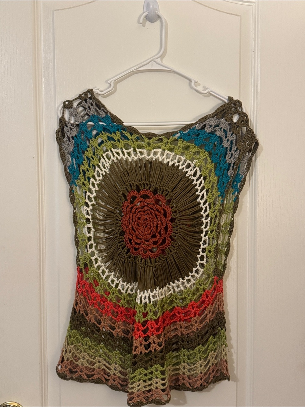 Vintage Crochet Multi-Color Boho Knit Top - Olive, Red, Blue